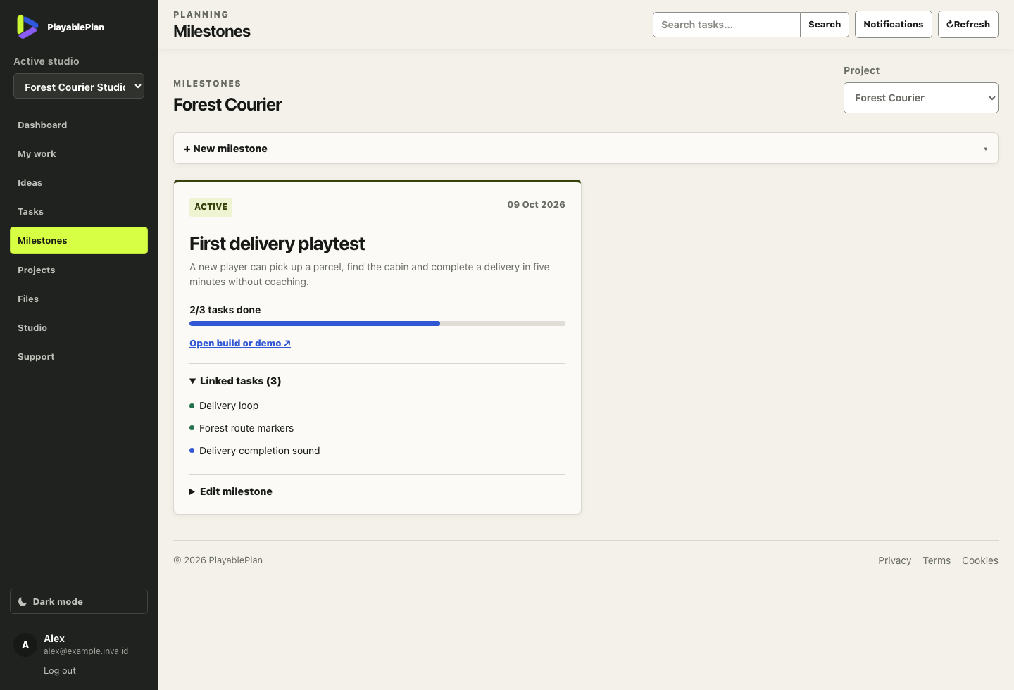 PlayablePlan milestone for a first delivery playtest,
              showing its objective, two completed tasks and the linked task list