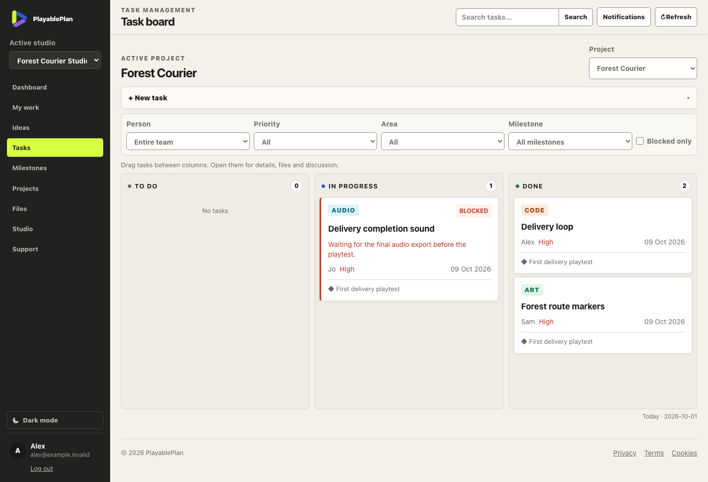 PlayablePlan task board with code, art and audio tasks,
              assigned owners and a blocked audio export in a sample game project